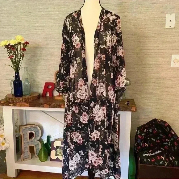 Torrid Womens Plus Size 1/2 Navy Pink Floral Chiffon Hi-lo Duster Boho Kimono - Picture 5 of 7